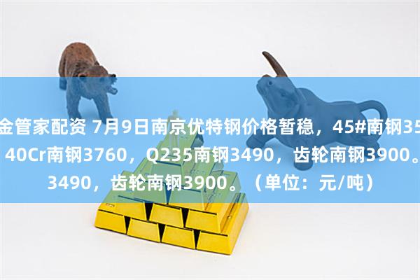 金管家配资 7月9日南京优特钢价格暂稳，45#南钢3500，淮钢3500，40Cr南钢3760，Q235南钢3490，齿轮南钢3900。（单位：元/吨）